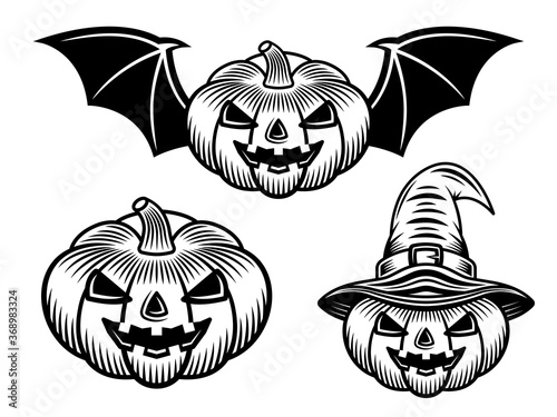 Set of halloween pumpkins vector vintage objects