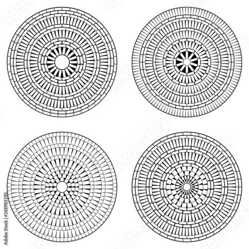 Set of circular pattern flooring. Mosaic stone circular tiles in vector line. Symmetrical circle tiles brick.