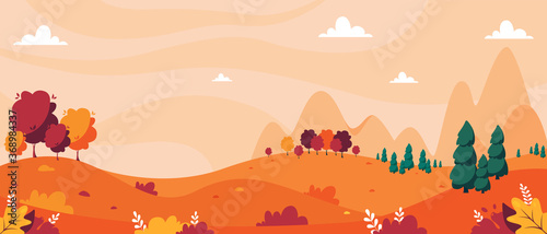 Autumn landscape with trees, mountains, fields, leaves. Countryside landscape. Autumn background. Vector illustration in flat style.