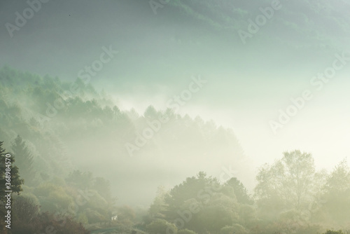 Beautiful misty morning dream valley mountain autumn fogy and clouds.