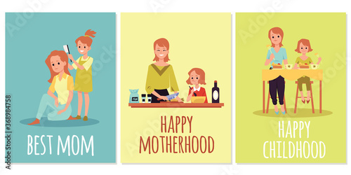 Set of greeting cards for best mom in Mothers day flat vector illustration.