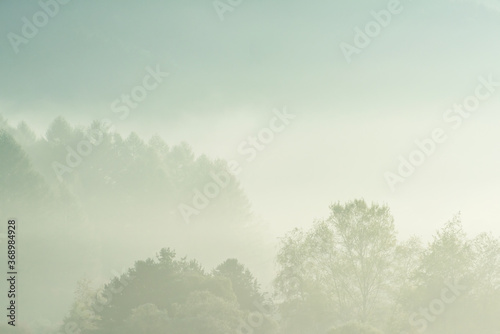 Beautiful misty morning dream valley mountain autumn fogy and clouds.