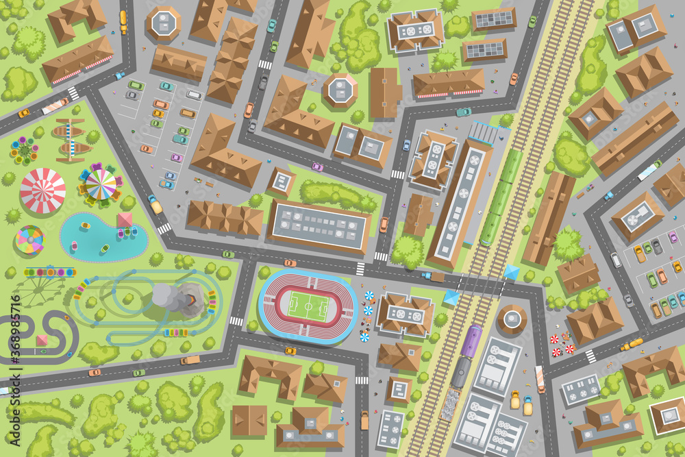 Naklejka premium City view from above. Streets, houses, buildings, roads, crossroads, trees, cars. (top view)