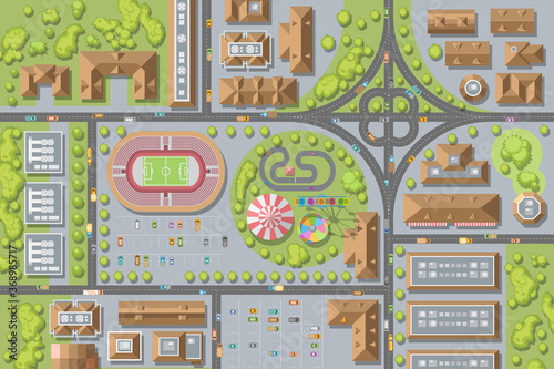 City top view. 
Streets, houses, buildings, roads, crossroads, park, stadium, trees, cars. (view from above)