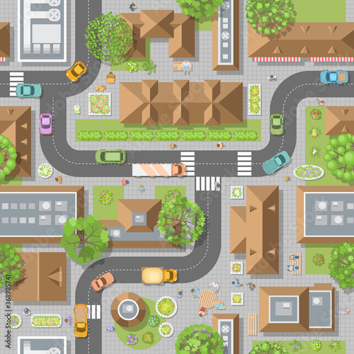 Seamless pattern cityscape. (top view) The city with streets, houses, roads, cars. (view from above) 