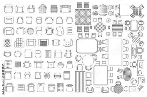 Vector linear set. Interior icon chair, armchairs, table. Top view. Outline symbol for dining room, office, cafe, kitchen and living room. 