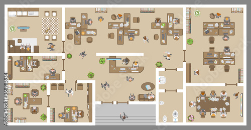 Office. Top view. People at work.
Office room, meeting room, reception, restroom, office furniture, cabinets, desks, chairs, computers. View from above.