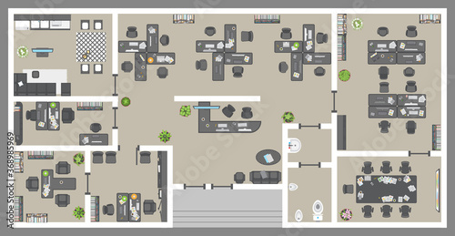 Office. Top view.
Working space. 
Office room, meeting room, reception, restroom, office furniture, cabinets, desks, chairs, computers. View from above.