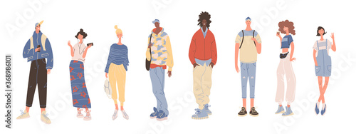 Group of multicultural students, boys and girls isolated characters on white background. Happy teenager in casual clothes. Youth lifestyle. Vector illustration in a flat style.