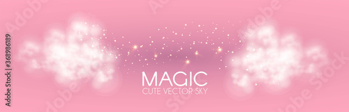 Cule clouds with gold magic glitter on pink background. Soft baby girl design. Glamour space.
