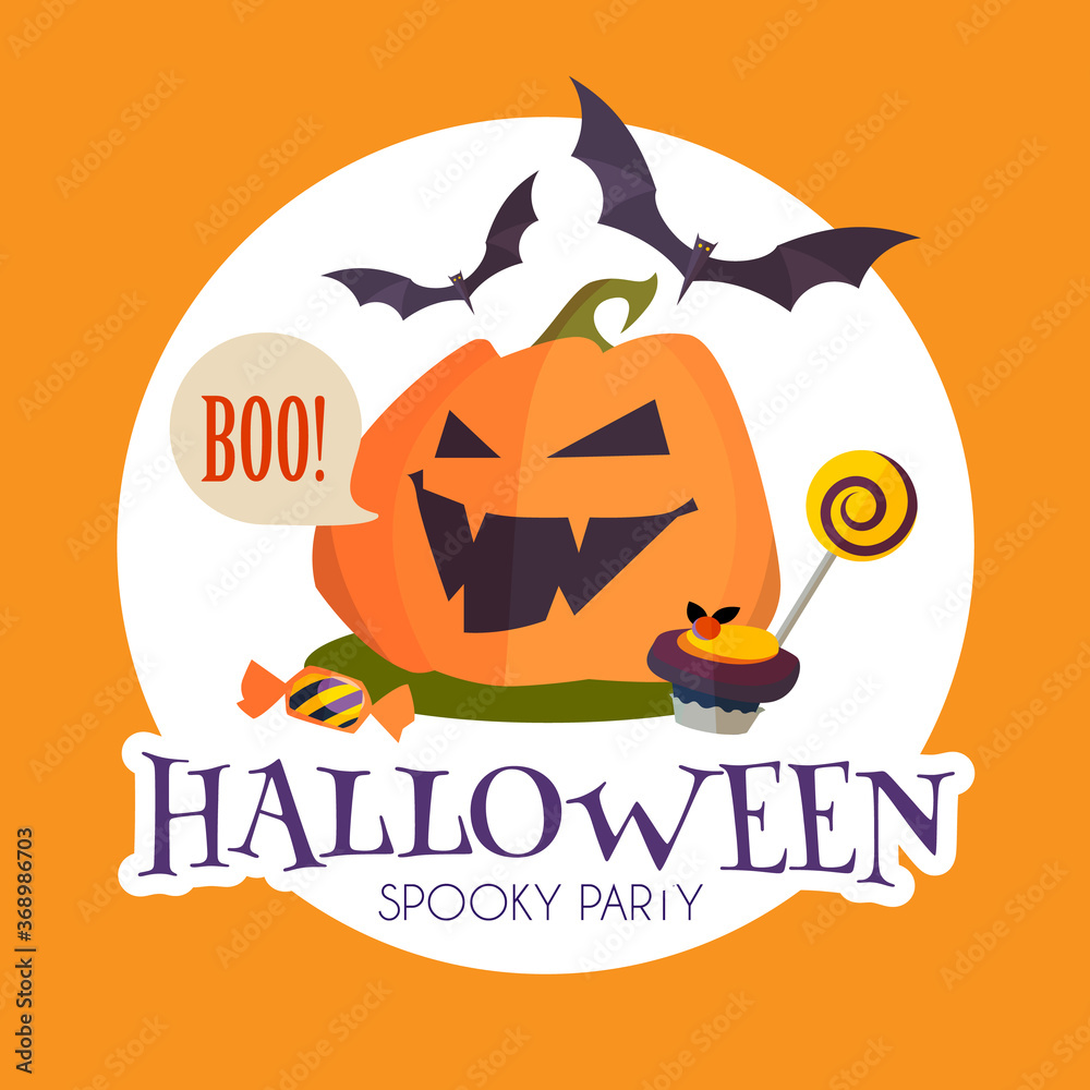 Happy Halloween Sale Design Template with Smilling Pumplin, Candy and Bats, Happy Halloween Sale Design Template with Smilling Pumplin, Candy and Bats,