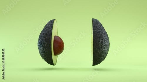 Animation of avocado turning split in half.