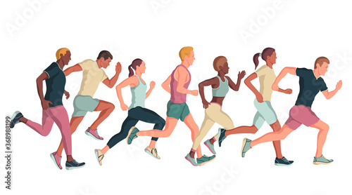 Marathon race group - flat modern vector concept. Running men and women vector illustration. 