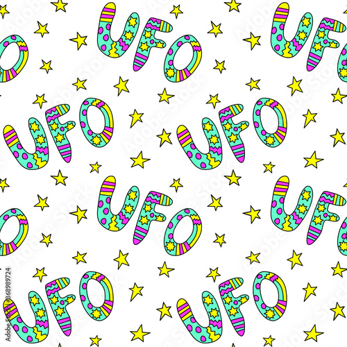 Vector color seamless pattern with the word UFO. Background and texture on the theme of space, UFOlogy, flying saucers, conspiracy