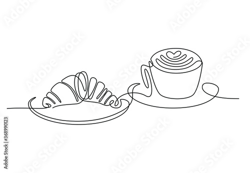 Croissant and coffee drawn in one line style. Breakfast theme with linear pastry and coffee for logo and posters, simple sketch design. Vector illustration isolated on white background