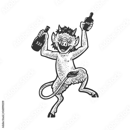 devil with bottles of alcohol delirium tremens metaphor sketch engraving vector illustration. T-shirt apparel print design. Scratch board imitation. Black and white hand drawn image.