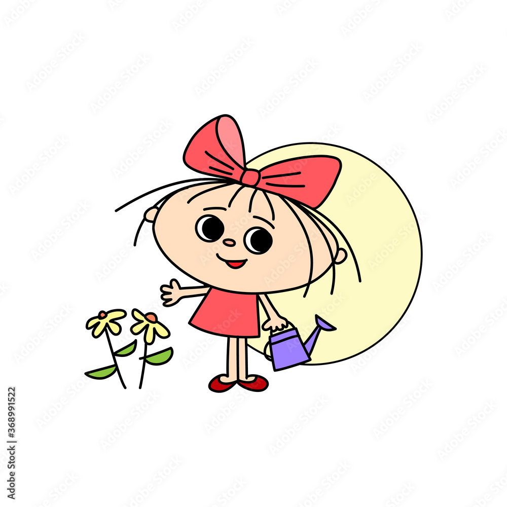 Fototapeta premium Cheerful girl with a watering can and flowers, hand-drawn cartoon