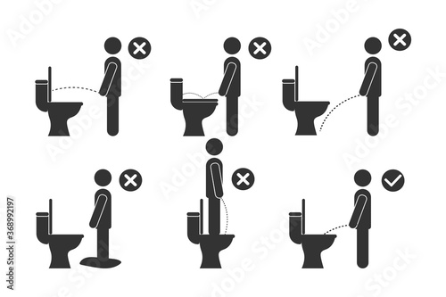 User toilet instructions. Set of pissing men. Toilet . Man gender icon. Restroom wc door symbol. Dash line pee. Public Information Signs in flat style. eps 10