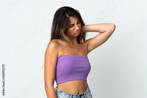 Young caucasian woman isolated on white background with neckache
