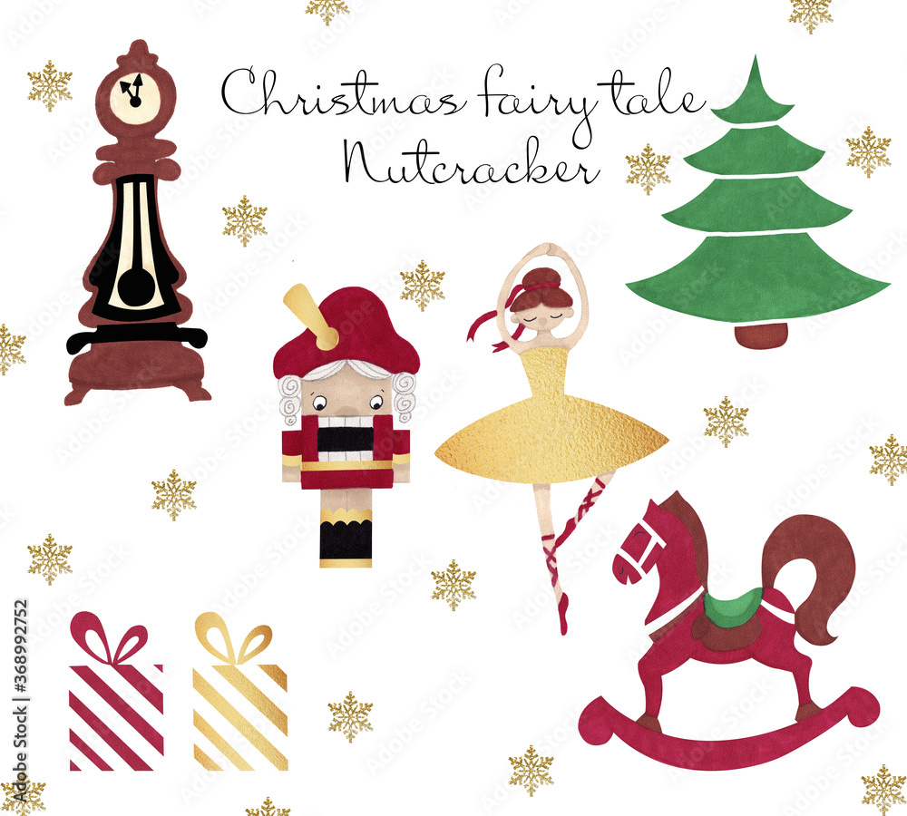 Set of christmas nutcracker elements isolated on white background. Gold icons, ballerina, nutcracker, gifts, christmas tree, clock and snowflake Set of christmas nutcracker elements isolated on white background. Gold icons, ballerina, nutcracker, gifts, christmas tree, clock and snowflake