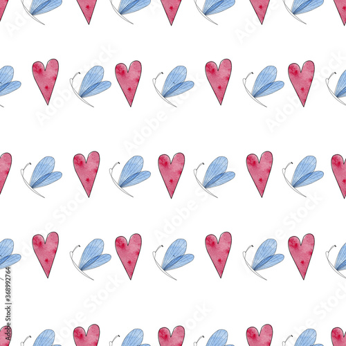 watercolor seamless pattern with red heart and blue butterflies on a white background in vintage style for fabrics, paper, textile, gift wrap 