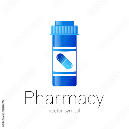 Pharmacy vector symbol with blue pill bottle and capsule tablet for pharmacist, pharma store, doctor and medicine. Modern design vector logo on white background. Pharmaceutical icon logotype . Health