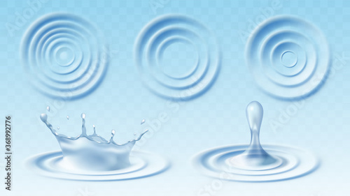 Set of ripple effect of drop on liquid surface realistic vector illustration.
