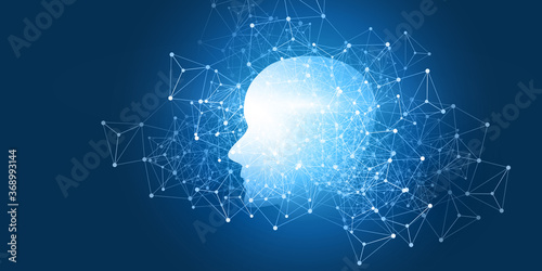 Futuristic Machine Learning, Artificial Intelligence, Cloud Computing, Automated Support Assistance and Networks Design Concept with Robot or Human Face Silhouette and Wireframe Pattern