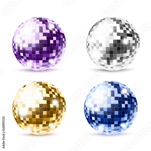 Realistic disco ball set - colorful purple, silver, gold and blue mirror balls