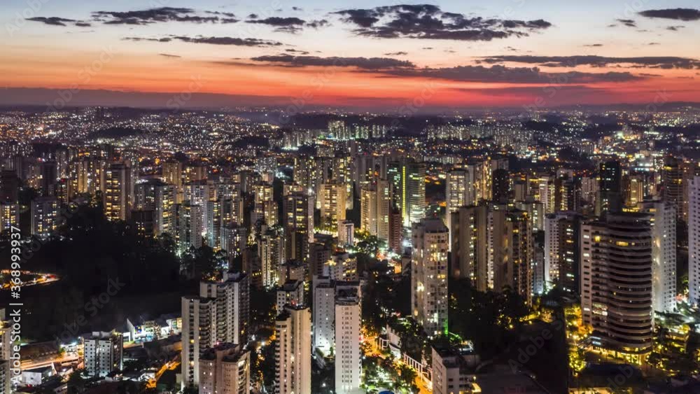 flight over buildings in the Morumbi neighborhood at dusk, Sao Paulo, Brazil, drone images
