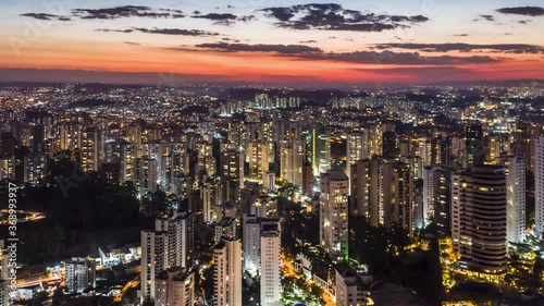 flight over buildings in the Morumbi neighborhood at dusk, Sao Paulo, Brazil, drone images