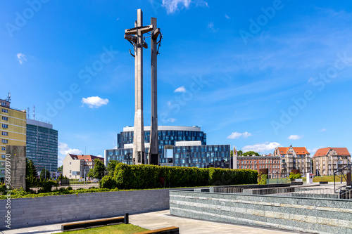 Gdansk, Pomerania / Poland - 2020/07/14: Monument to the Fallen Shipyard Workers 1970 at Solidarnosci square in front of European Solidarity Centre in old Gdansk Shipyard quarter in Gdansk, Poland