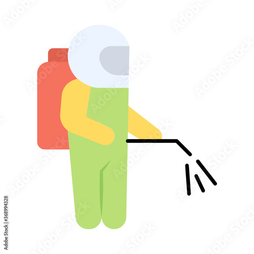 Coronavirus Prevention Spray Service Symbol, Fumigation Dress Vector Color Icon Design, Living Space Sanitizing and Disinfecting Symbol on White background, Pest control worker Concept, 