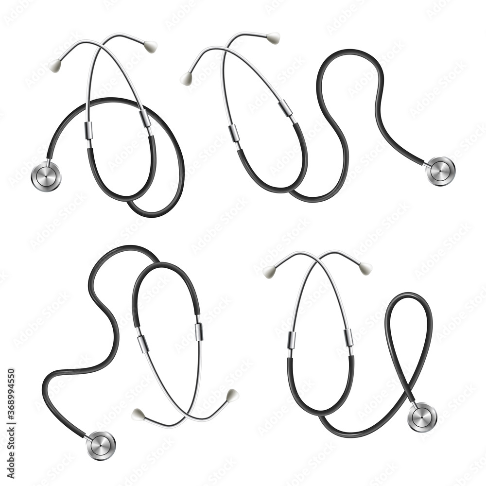 Set of medical stethoscopes 3d realistic vector illustration isolated on white. Set of medical stethoscopes 3d realistic vector illustration isolated on white.