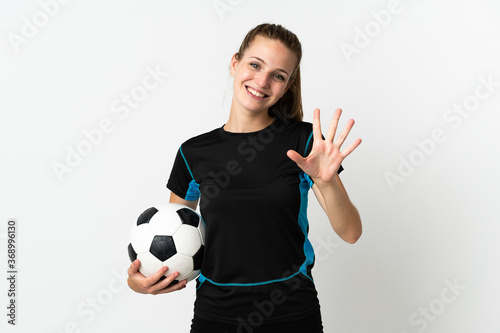 Young football player woman isolated on white background counting five with fingers