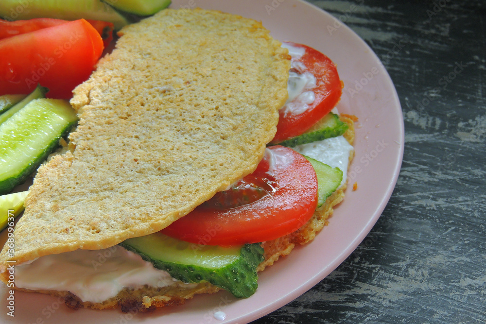 oatmeal pancake with vegetables, Pancake with oatmeal with red fish, tomato and herbs oatmeal pancake with vegetables, Pancake with oatmeal with red fish, tomato and herbs