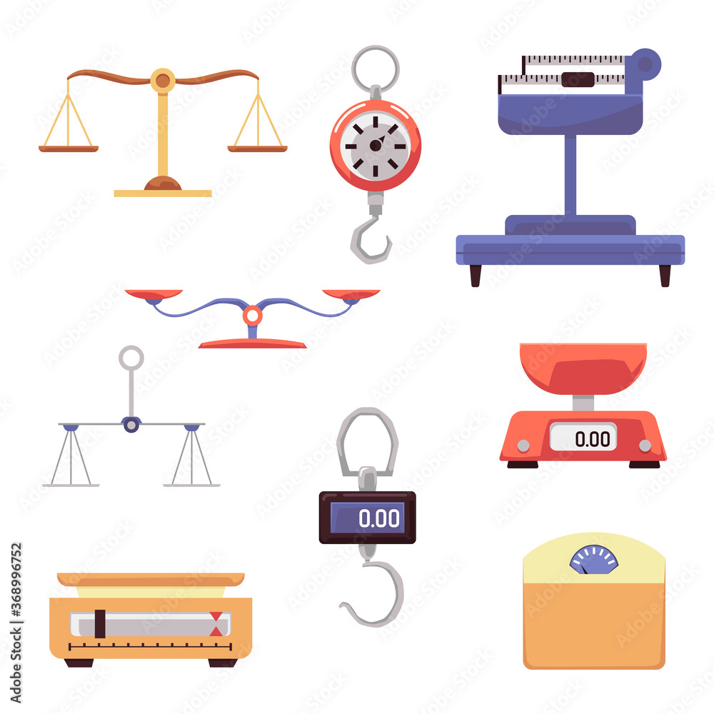 Icons set balance and digital scales or weighers, vector illustration isolated. Icons set balance and digital scales or weighers, vector illustration isolated.
