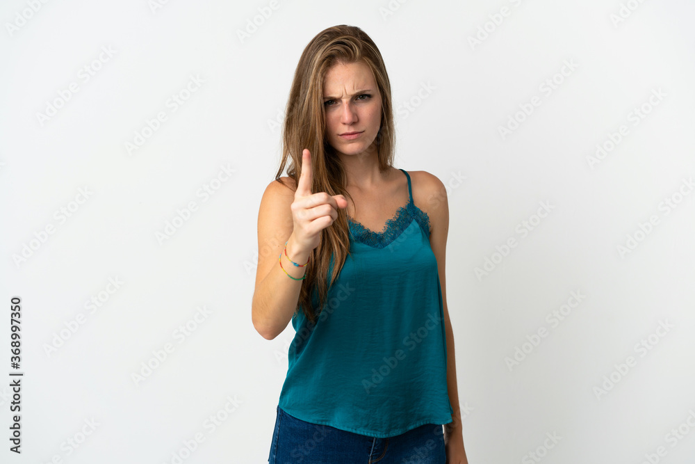 Young caucasian woman over isolated background frustrated and pointing to the front Young caucasian woman over isolated background frustrated and pointing to the front