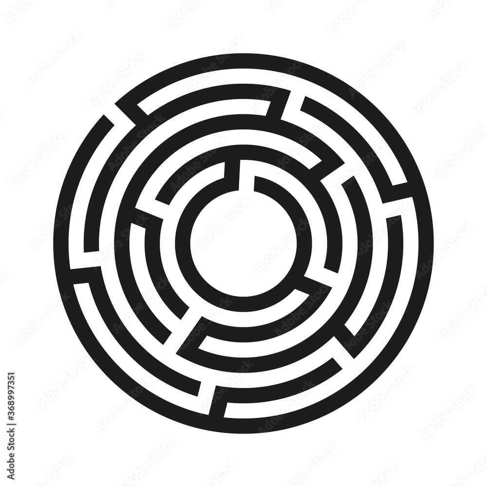 Black circle vector labyrinth isolated on white background. Black round maze with one entrance and target. Vector maze icon. Labyrinth symbol. Circle puzzle with one solution Black circle vector labyrinth isolated on white background. Black round maze with one entrance and target. Vector maze icon. Labyrinth symbol. Circle puzzle with one solution