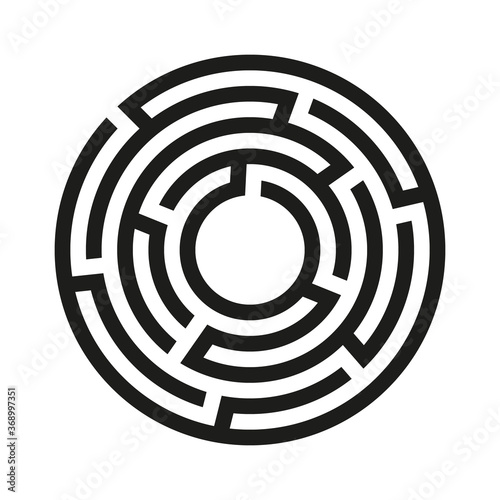 Black circle vector labyrinth isolated on white background. Black round maze with one entrance and target. Vector maze icon. Labyrinth symbol. Circle puzzle with one solution