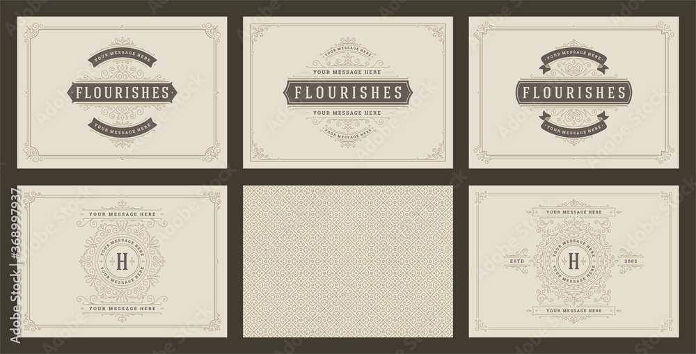 Fototapeta premium Vintage ornament greeting cards set templates flourish ornate frames and pattern background vector illustration