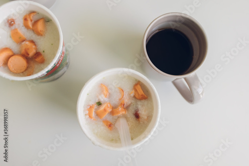 Top view of Instant rice porridge cup as simple fast breakfast.