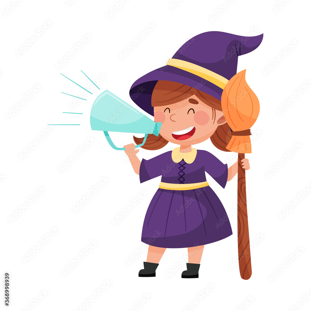 Little Girl Character Dressed in Fancy Witch Costume Talking Megaphone or Loudspeaker Vector Illustration Little Girl Character Dressed in Fancy Witch Costume Talking Megaphone or Loudspeaker Vector Illustration