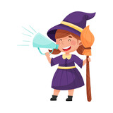 Little Girl Character Dressed in Fancy Witch Costume Talking Megaphone or Loudspeaker Vector Illustration