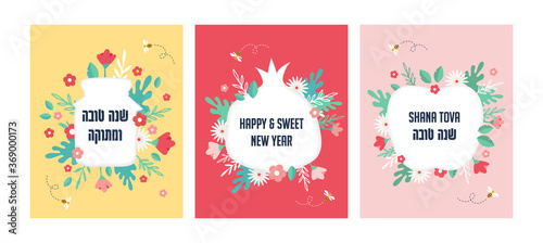 Rosh hashanah Jewish new year holiday greeting card design set. Greeting cards with symbols of Jewish holiday Rosh Hashana, New Year. Shana Tova - Blessing of Happy new year. Vector illustration 