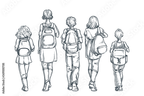 Back to school. Kids schoolchildren with backpacks going to lessons. Vector hand drawn sketch back view illustration
