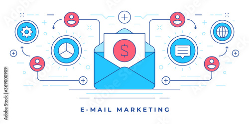 Vector illustration of flat line banner with letter with financial news and icons for email marketing in social media