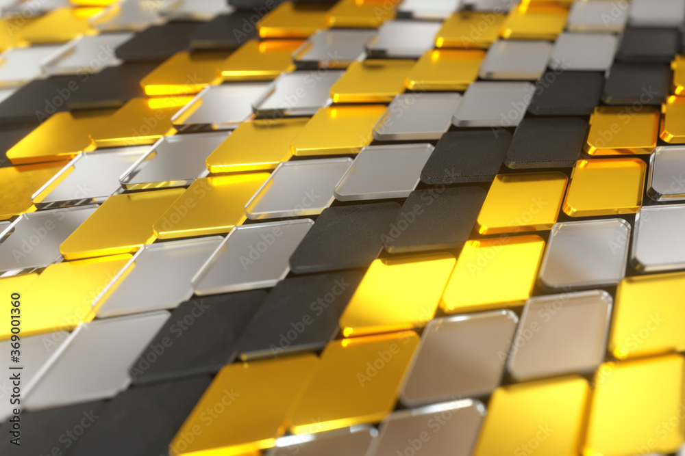 Fototapeta premium Abstract wave surface of geometric shapes. The material is plastic glass and gold. 3d illustration