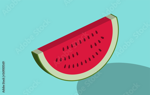Juicy ripe slice of watermelon with seeds. An appetizing slice of organic dessert. Three dimensional view. Vector food illustration