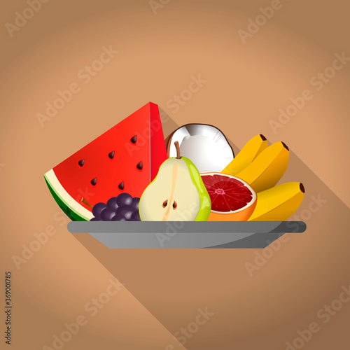 Fruit in a plate realistic illustration. Vector fruit still life.